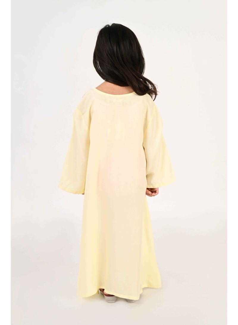 Linelle Kids Jalabiya – Pastel Yellow Rayon Maxi with Full Loose Sleeves and Embroidery Detailing - Image 4
