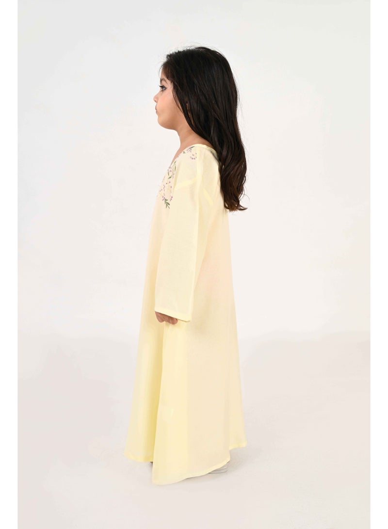 Linelle Kids Jalabiya – Pastel Yellow Rayon Maxi with Full Loose Sleeves and Embroidery Detailing - Image 3
