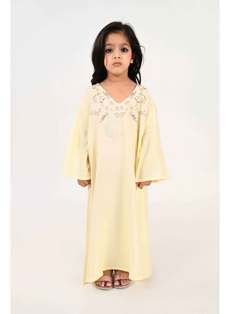Linelle Kids Jalabiya – Pastel Yellow Rayon Maxi with Full Loose Sleeves and Embroidery Detailing - Image 5