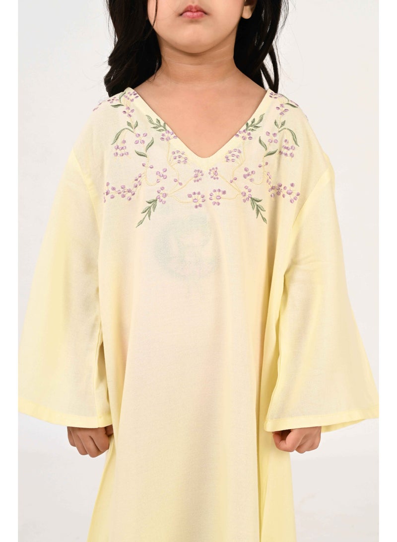 Linelle Kids Jalabiya – Pastel Yellow Rayon Maxi with Full Loose Sleeves and Embroidery Detailing - Image 2