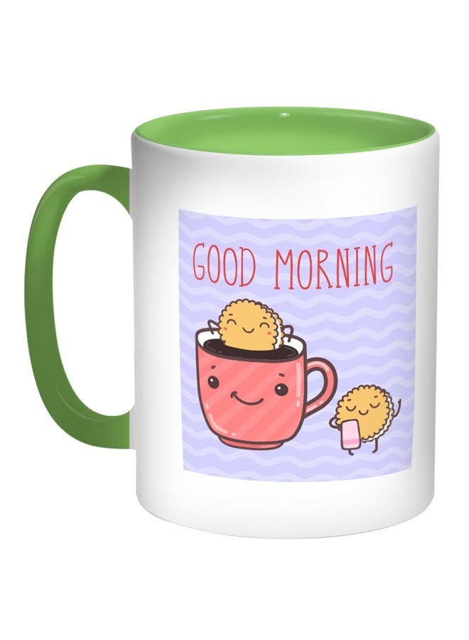 RYN فنجان قهوة مطبوع صباح الخير أزرق/أبيض/أخضر 11 أونصة