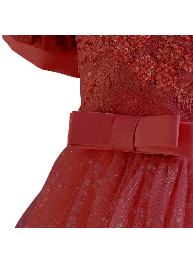 Luobobeibei 2025 Girls' Blue Long Dress, Children's Princess Dress, Wedding Host Performance Costume, Red, Size 150 - Image 4