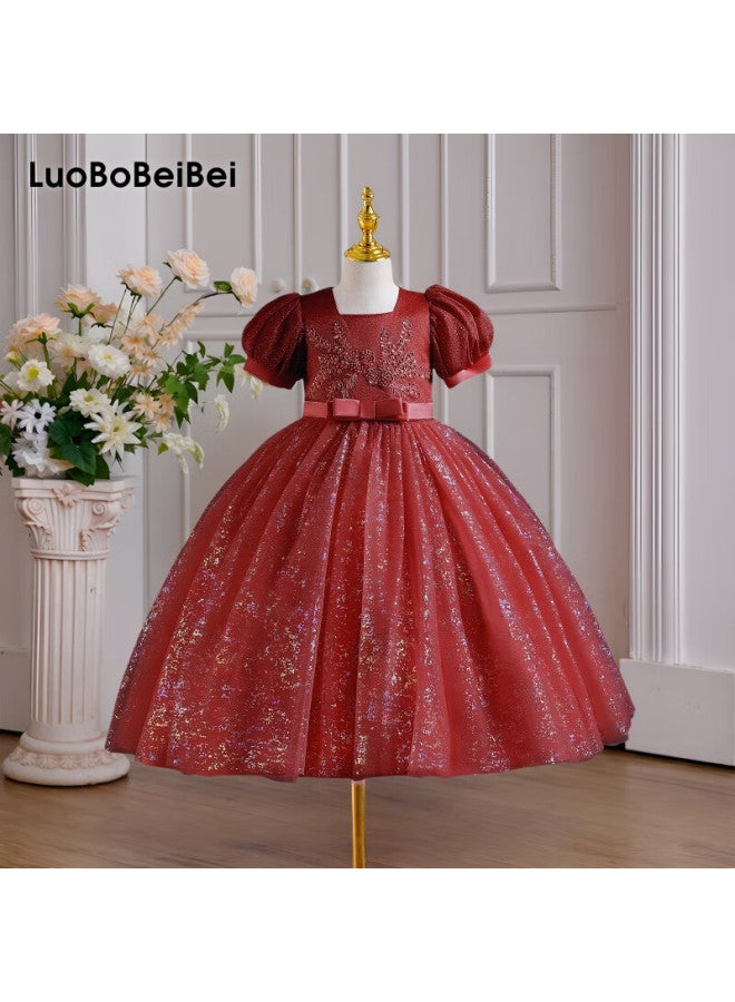 Luobobeibei 2025 Girls' Blue Long Dress, Children's Princess Dress, Wedding Host Performance Costume, Red, Size 150 - Image 1