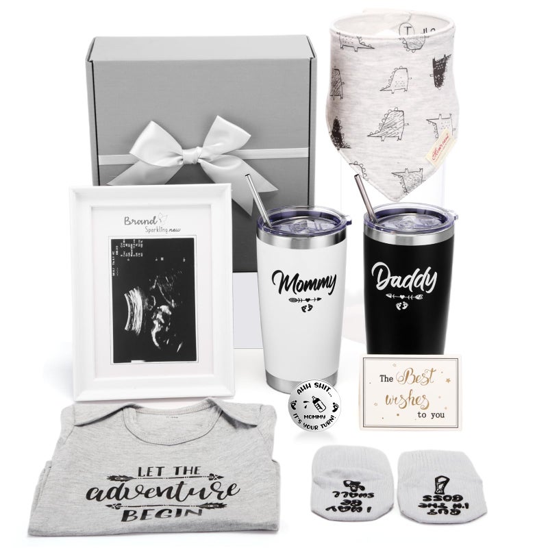 Chuarry Chuarry 10 Pcs Pregnancy Gifts for New Parents New Mom Women Gender Reveal Gifts Baby Shower 20oz Mom and Dad Tumblers Frame Unisex Jumpsuit for First Time ParentsClassicGray 