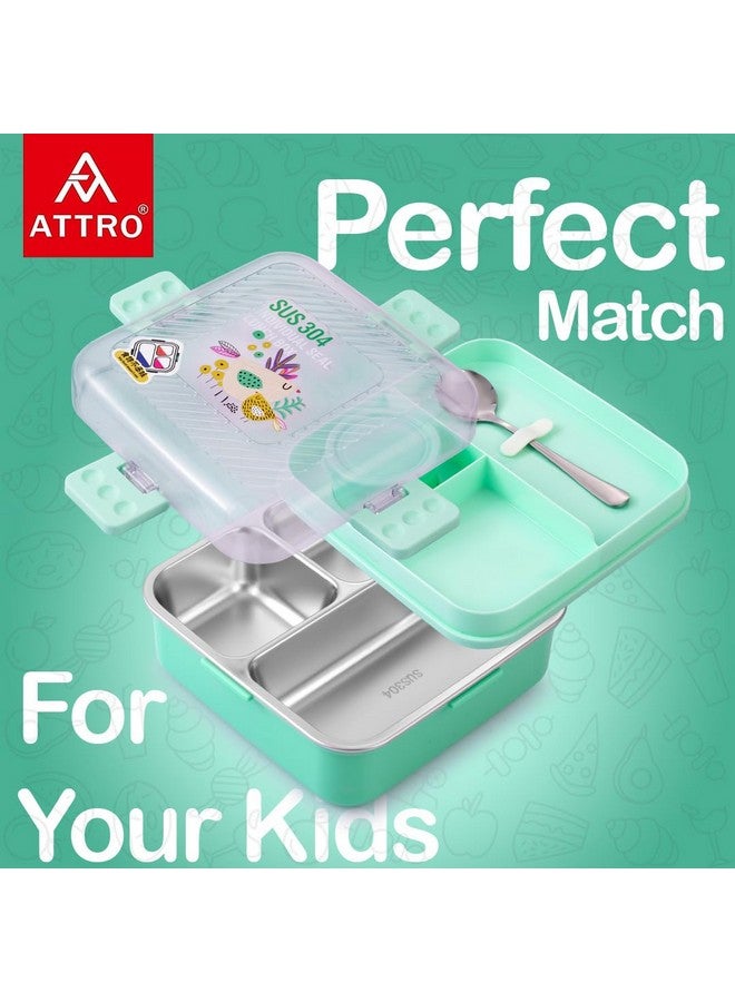 ATTRO صندوق وجبات ATTRO بغطاء مزدوج من الفولاذ المقاوم للصدأ مع صينية قابلة للفصل، حاوية صغيرة وملعقة مثالية للأطفال خالية من BPA 1120 مل + 70 مل - أخضر بحري - Image 2