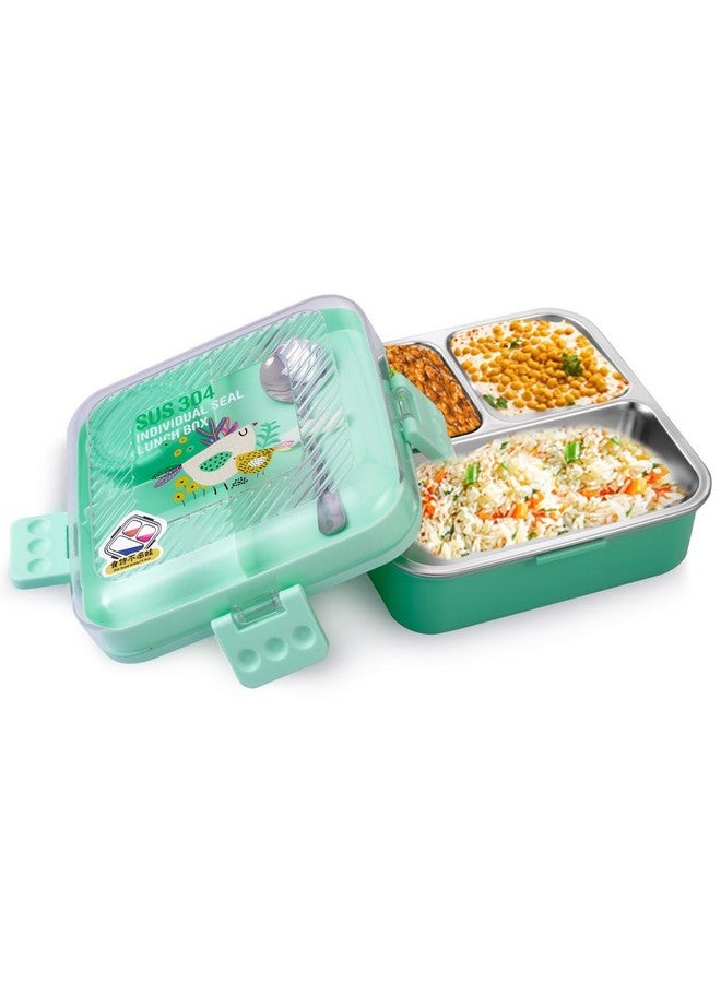 ATTRO صندوق وجبات ATTRO بغطاء مزدوج من الفولاذ المقاوم للصدأ مع صينية قابلة للفصل، حاوية صغيرة وملعقة مثالية للأطفال خالية من BPA 1120 مل + 70 مل - أخضر بحري - Image 1