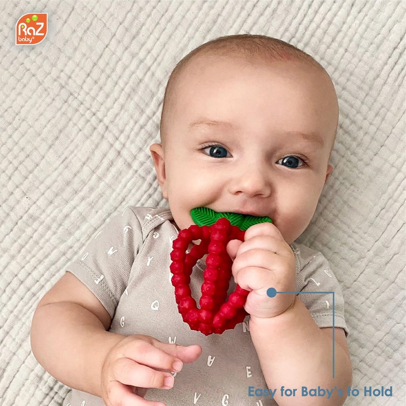 RaZbaby Silicone Infant & Baby Teething Toy, Textured BerryBumps Soothe Babies’ Sore Gums, RaZberry Bites Relief Teether, Back & Front Teeth, BPA Free, Easy to Hold, Fruit Shape for Babies 3M+ - Red - Image 3