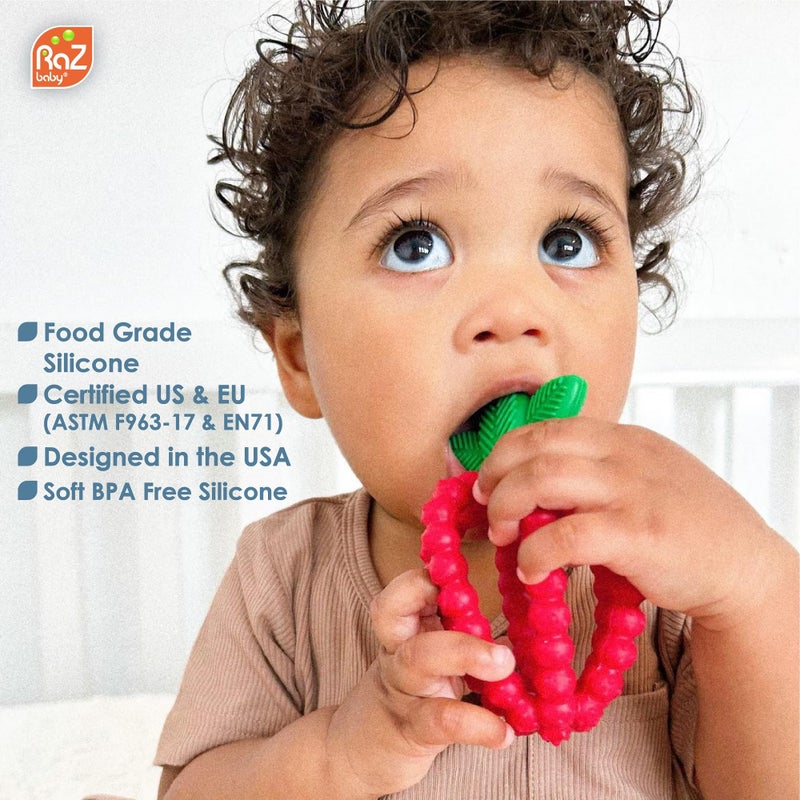 RaZbaby Silicone Infant & Baby Teething Toy, Textured BerryBumps Soothe Babies’ Sore Gums, RaZberry Bites Relief Teether, Back & Front Teeth, BPA Free, Easy to Hold, Fruit Shape for Babies 3M+ - Red - Image 5