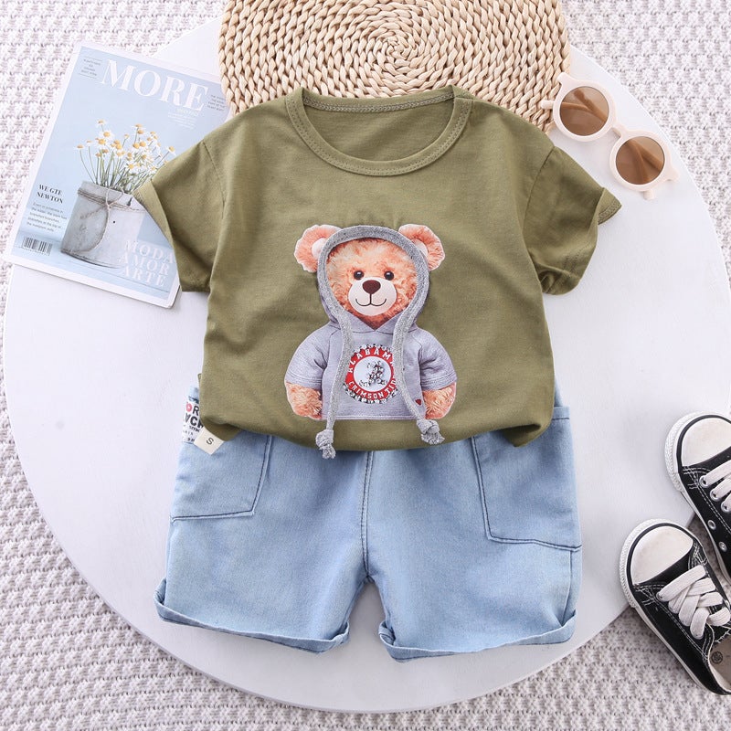 Mens and Womens Baby Summer Suit New Baby Childrens Wear Western Style Childrens Summer Wear Cartoon Short-sleeved Two-piece Set for Hair Green