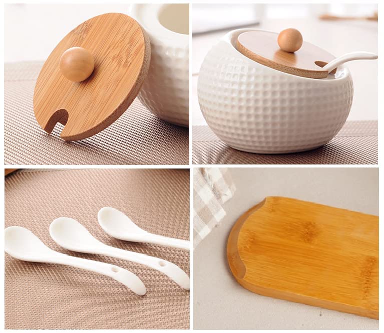 Kolorful 3 Pcs Porcelain Condiment Jar Set Spice Jars with Bamboo Cap and Ceramic Serving SpoonWooden TrayUsed to Store SugarSpicesCoffeeTeaStorage - Image 2