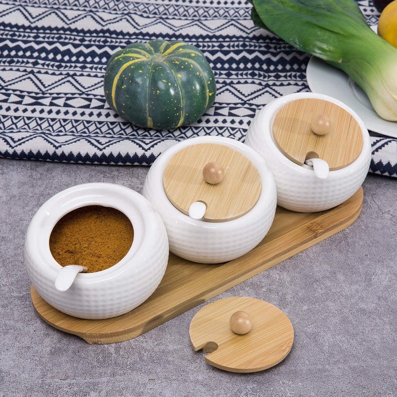 Kolorful 3 Pcs Porcelain Condiment Jar Set Spice Jars with Bamboo Cap and Ceramic Serving SpoonWooden TrayUsed to Store SugarSpicesCoffeeTeaStorage - Image 4
