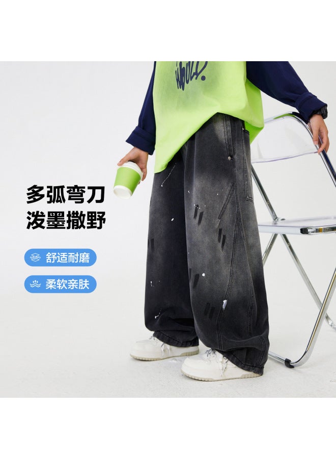 Boys' Spring Clothing Ink-splattered Wide-leg Jeans  New Style Children's Straight Loose Pants For Older Kids Long Pants