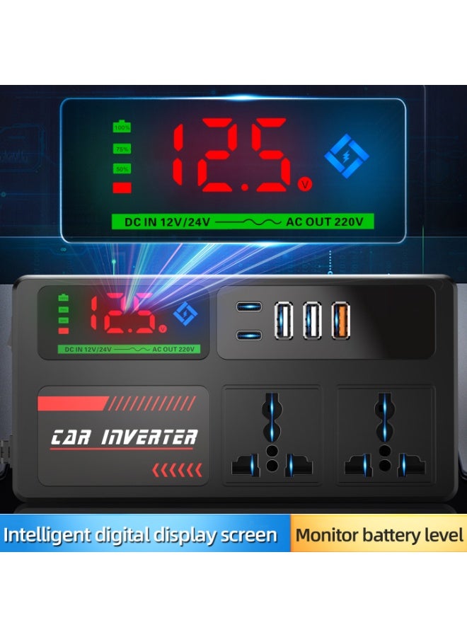 محول كهرباء سيارة بقدرة 200 واط، انفرتر سيارة يحول التيار المستمر 12/24 فولت إلى تيار متردد 220 فولت، محول طاقة سيارة مع 3 منافذ يو إس بي ومنفذين تايب سي للشحن، محول شحن بمنفذ ولاعة السيارة مع مفتاح تشغيل وشاشة إل إي دي لعرض التيار، مناسب للسيارات وسيارات الدفع الرباعي والشاحنات - Image 2