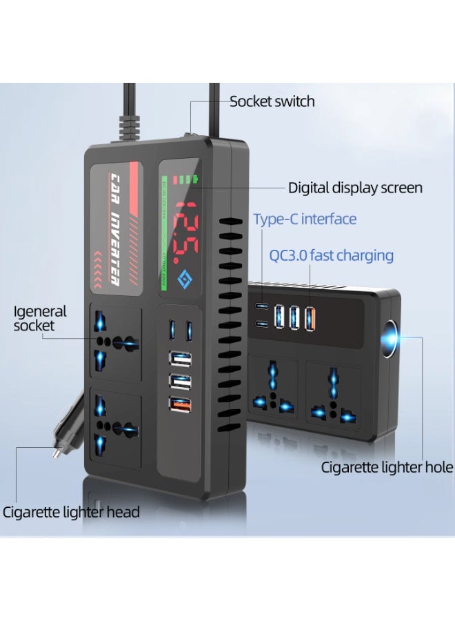محول كهرباء سيارة بقدرة 200 واط، انفرتر سيارة يحول التيار المستمر 12/24 فولت إلى تيار متردد 220 فولت، محول طاقة سيارة مع 3 منافذ يو إس بي ومنفذين تايب سي للشحن، محول شحن بمنفذ ولاعة السيارة مع مفتاح تشغيل وشاشة إل إي دي لعرض التيار، مناسب للسيارات وسيارات الدفع الرباعي والشاحنات - Image 3