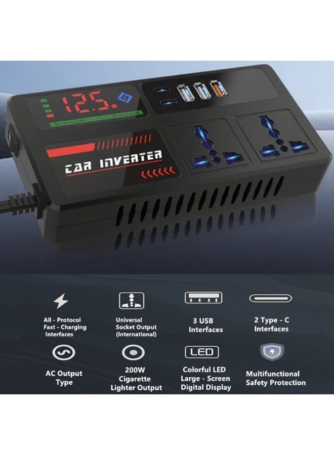 محول كهرباء سيارة بقدرة 200 واط، انفرتر سيارة يحول التيار المستمر 12/24 فولت إلى تيار متردد 220 فولت، محول طاقة سيارة مع 3 منافذ يو إس بي ومنفذين تايب سي للشحن، محول شحن بمنفذ ولاعة السيارة مع مفتاح تشغيل وشاشة إل إي دي لعرض التيار، مناسب للسيارات وسيارات الدفع الرباعي والشاحنات - Image 4