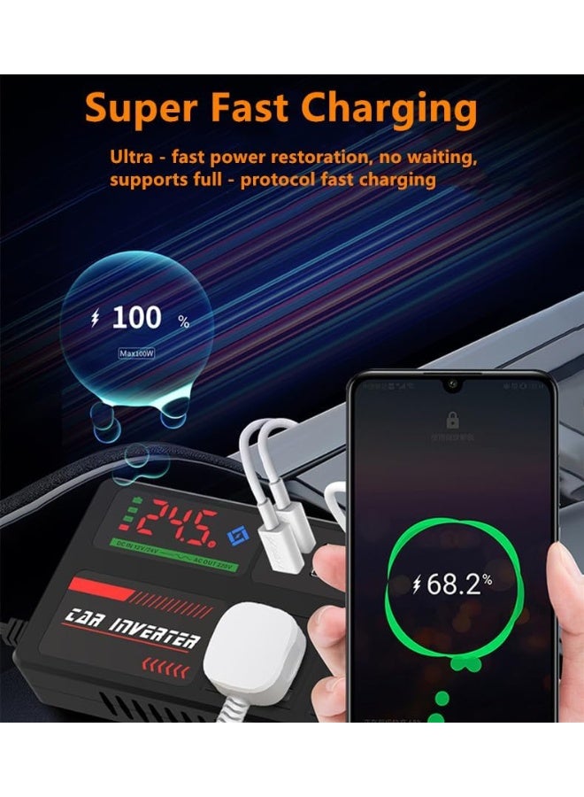 محول كهرباء سيارة بقدرة 200 واط، انفرتر سيارة يحول التيار المستمر 12/24 فولت إلى تيار متردد 220 فولت، محول طاقة سيارة مع 3 منافذ يو إس بي ومنفذين تايب سي للشحن، محول شحن بمنفذ ولاعة السيارة مع مفتاح تشغيل وشاشة إل إي دي لعرض التيار، مناسب للسيارات وسيارات الدفع الرباعي والشاحنات - Image 5