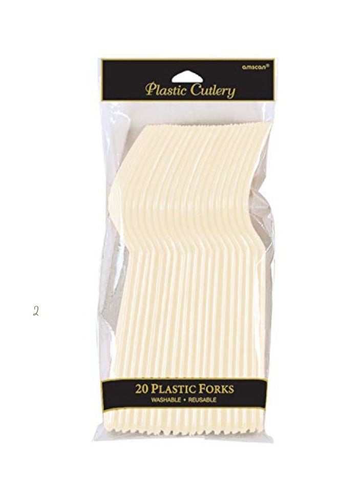 Amscan Reusable Heavy Duty Food Grade Plastic Forks, Cream - 20pcs - Image 1