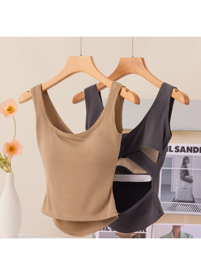 Modal Padded Camisole Tank Top For Women, Back Cross-back Design, Backless, Square Neckline, Underwear, Spring And Summer, Stylish Sleeveless Top - Image 3
