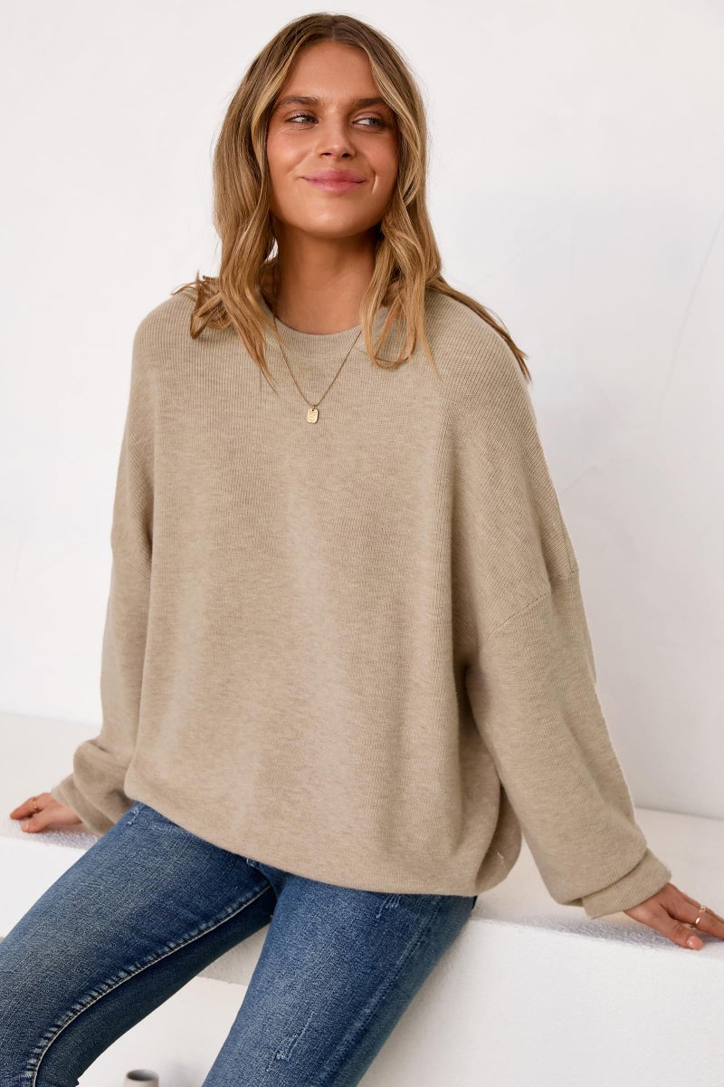 Arach&Cloz Womens Oversized Sweaters Batwing 2026 Spring Summer Fashion Outfits Trendy Crewneck Cozy Long Sleeve Casual Teacher School Spring Cashmere Capsule Wardrobe Tops Winter Loose Fit Camel L - Image 4