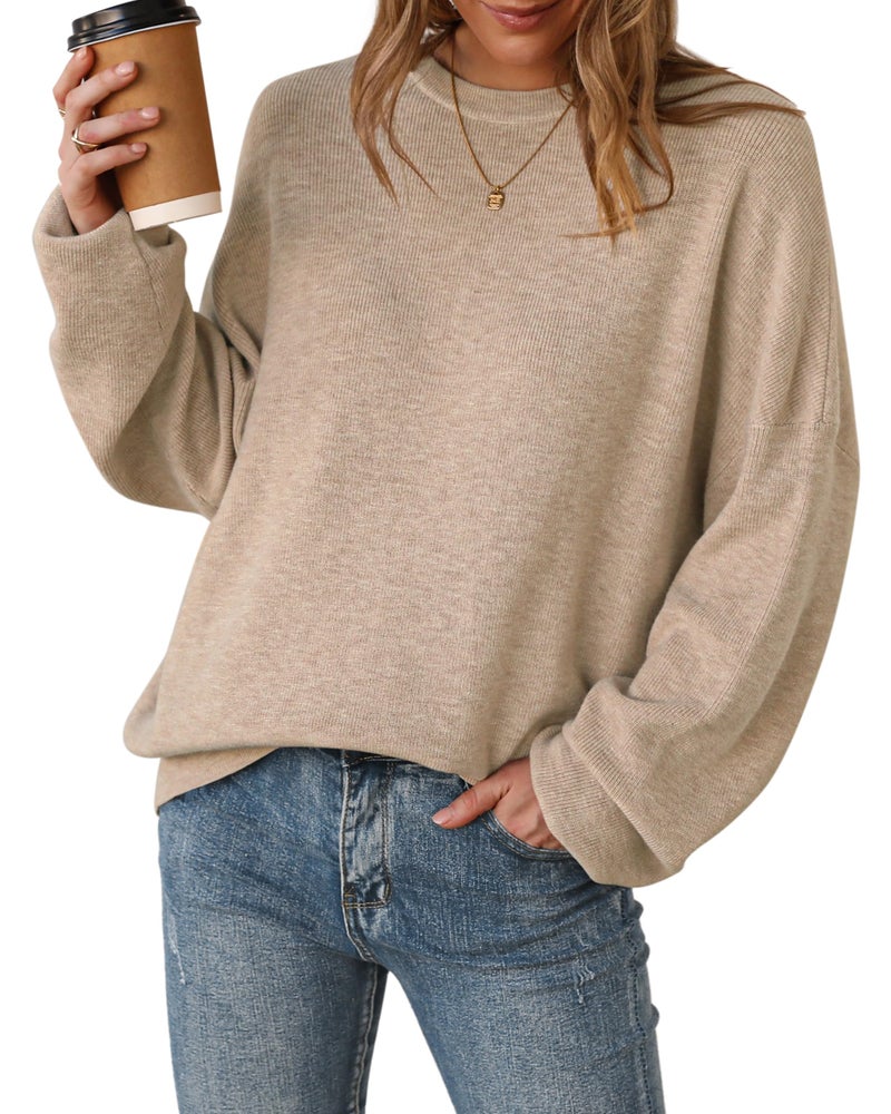 Arach&Cloz Womens Oversized Sweaters Batwing 2026 Spring Summer Fashion Outfits Trendy Crewneck Cozy Long Sleeve Casual Teacher School Spring Cashmere Capsule Wardrobe Tops Winter Loose Fit Camel L - Image 1