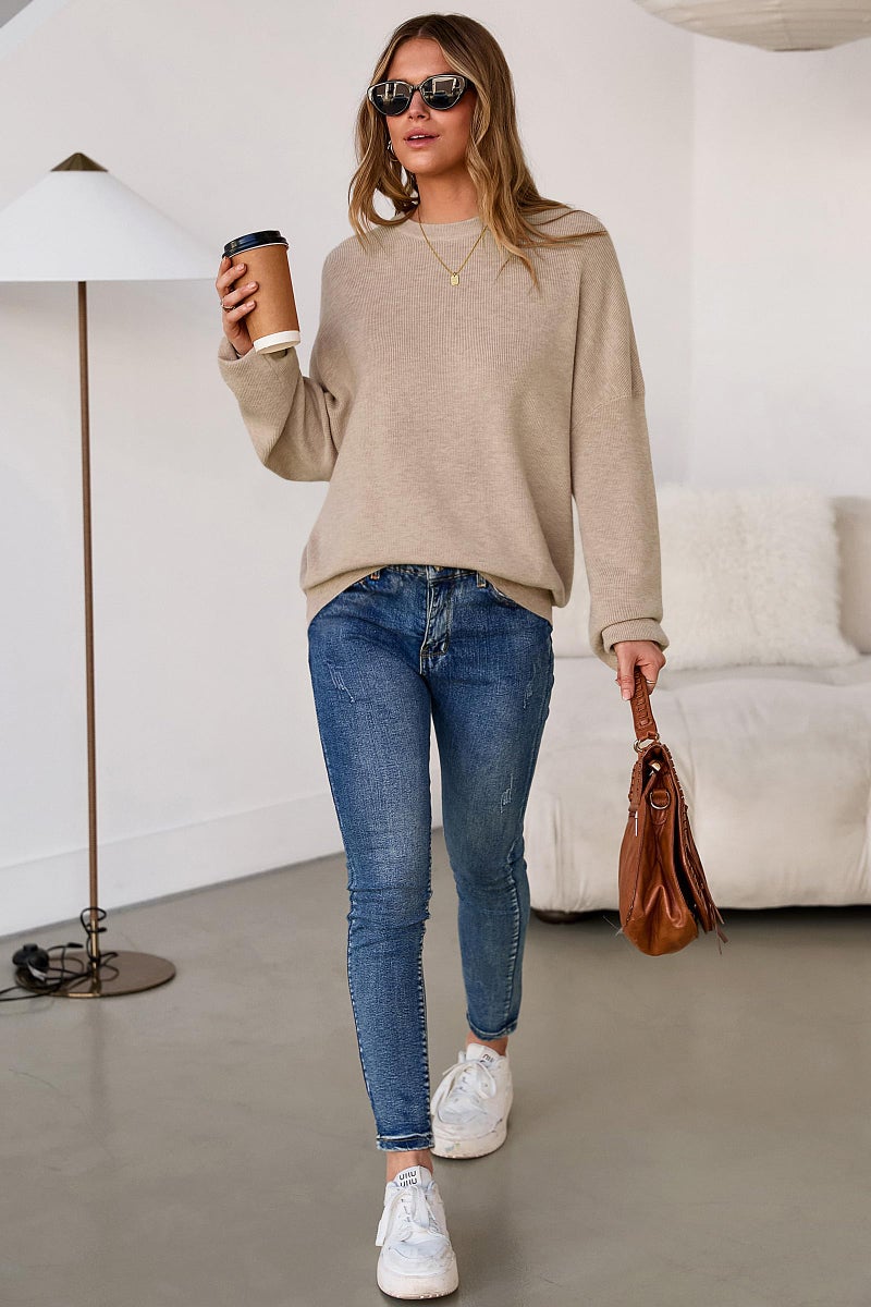 Arach&Cloz Womens Oversized Sweaters Batwing 2026 Spring Summer Fashion Outfits Trendy Crewneck Cozy Long Sleeve Casual Teacher School Spring Cashmere Capsule Wardrobe Tops Winter Loose Fit Camel L - Image 5