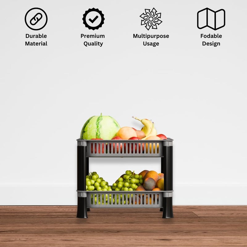 Biltoxi Multipurpose Plastic Kitchen Rack with Baskets | Vegetable & Fruit Storage Stand | Strong & Durable Organizer for Kitchen, Bathroom & Utility (2 Layer, Silver) - Image 3