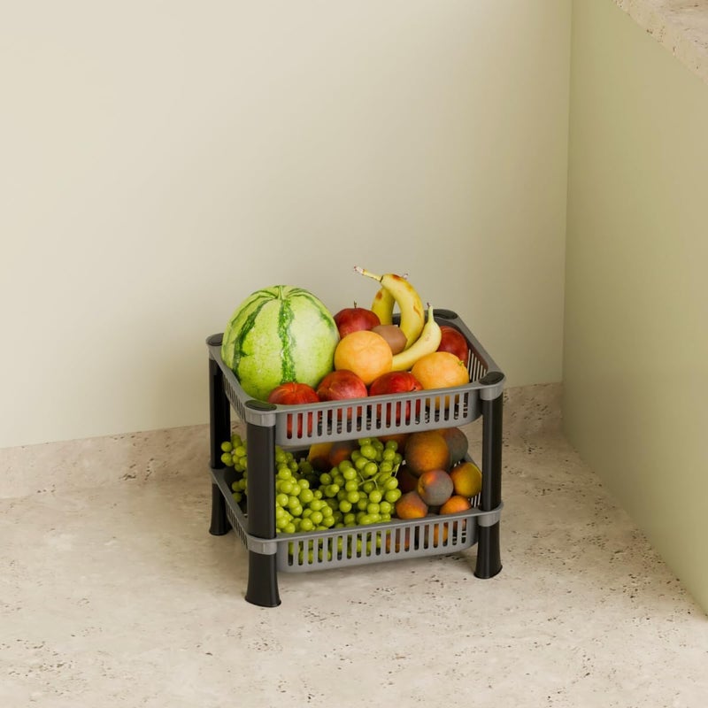 Biltoxi Multipurpose Plastic Kitchen Rack with Baskets | Vegetable & Fruit Storage Stand | Strong & Durable Organizer for Kitchen, Bathroom & Utility (2 Layer, Silver) - Image 1