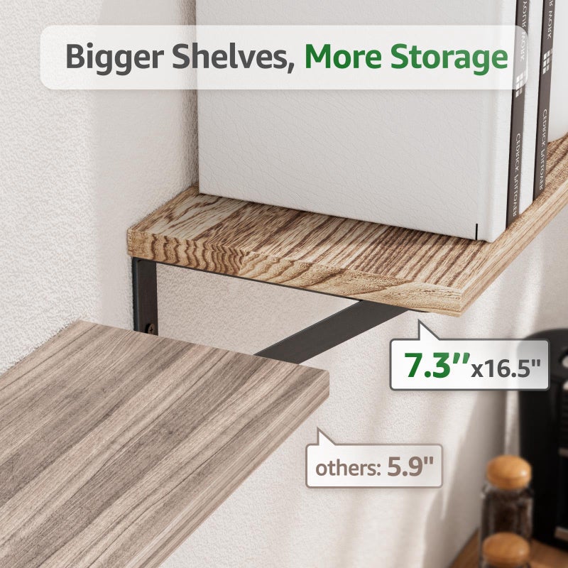COCOYA Wall Shelves 7.3" Deep Set of 3, Solid Paulownia Wood Wider Longer Sturdy Easy to Install Wall Mounted Bookshelves Storage Shelves Bathroom Home Office Laundry Room Bedroom Organizer - Image 2