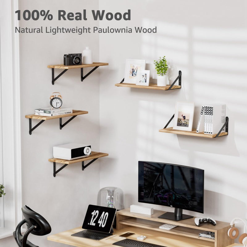COCOYA Wall Shelves 7.3" Deep Set of 3, Solid Paulownia Wood Wider Longer Sturdy Easy to Install Wall Mounted Bookshelves Storage Shelves Bathroom Home Office Laundry Room Bedroom Organizer - Image 5
