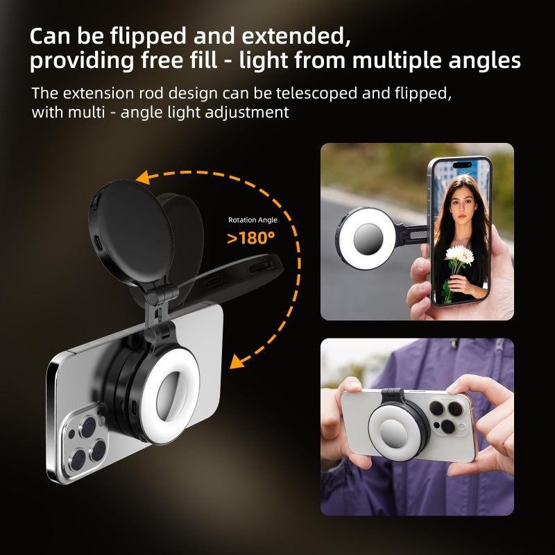 Flymile Magnetic Selfie Light for iPhone, LED Fill Ring Light for MagSafe with Adjustable, Compatible with Smartphone, for Selfies/Photography/TikTok/Video Conference, Portable & Rechargeable, Black - Image 3