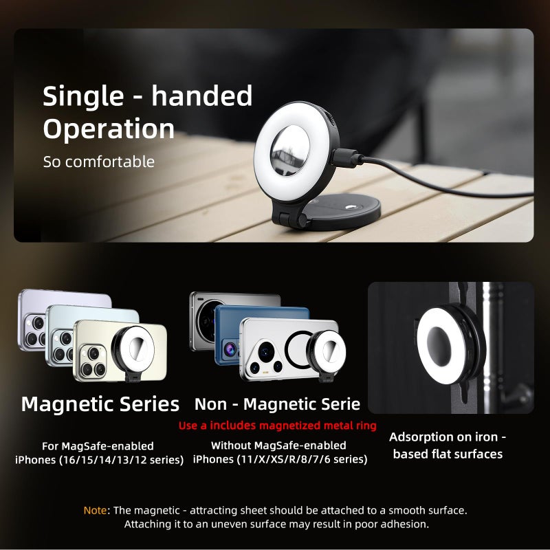 Flymile Magnetic Selfie Light for iPhone, LED Fill Ring Light for MagSafe with Adjustable, Compatible with Smartphone, for Selfies/Photography/TikTok/Video Conference, Portable & Rechargeable, Black - Image 2