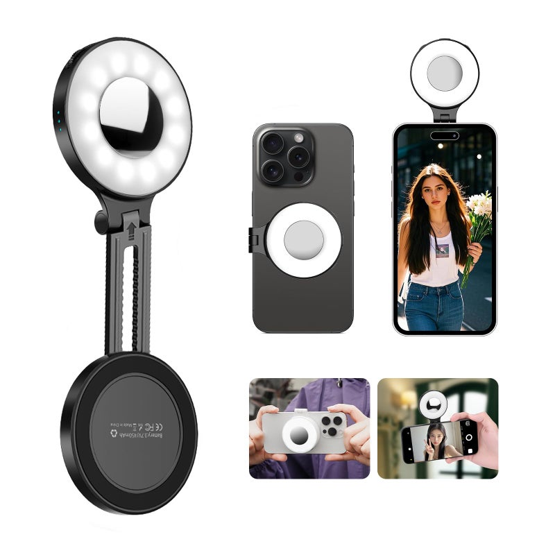 Flymile Magnetic Selfie Light for iPhone, LED Fill Ring Light for MagSafe with Adjustable, Compatible with Smartphone, for Selfies/Photography/TikTok/Video Conference, Portable & Rechargeable, Black - Image 1