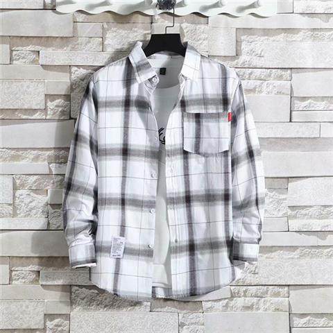 2023 fleece-lined thick thermal shirt mens plaid casual shirt brushed youth Korean-style slim-fit fleece shirt 9910 White [regular]]