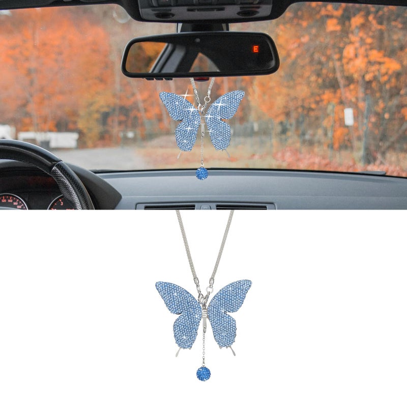 Couslcd Bling Butterfly Diamond Car Accessories Crystal Car Rear View Mirror Charms for Women Car Decoration Lucky Hanging Interior Crystal Ornament Pendant Decor for All Cars Light Blue - Image 3