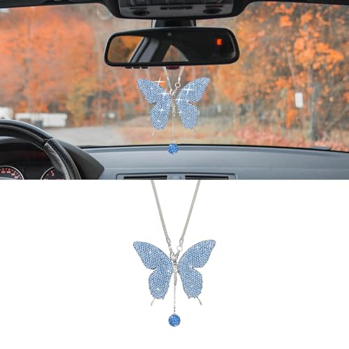 Couslcd Bling Butterfly Diamond Car Accessories Crystal Car Rear View Mirror Charms for Women Car Decoration Lucky Hanging Interior Crystal Ornament Pendant Decor for All Cars Light Blue - Image 1