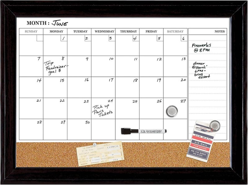 Quartet Combination Magnetic Whiteboard Calendar  Corkboard 17 x 23 Combo Dry Erase White Board  Cork Bulletin Board Message Board Black Frame 79275 - Image 1