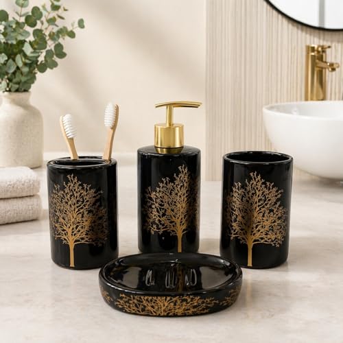 Whizzo Luxury Ceramic Bathroom Accessories Set – 4 Pcs | Black & Gold Tree Design | Soap Dispenser, Toothbrush Holder, Tumbler & Soap Dish | Elegant Bathroom Décor & Best Gifting Idea (BS-829, Black) - Image 1