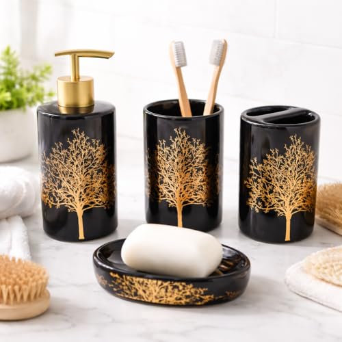 Whizzo Luxury Ceramic Bathroom Accessories Set – 4 Pcs | Black & Gold Tree Design | Soap Dispenser, Toothbrush Holder, Tumbler & Soap Dish | Elegant Bathroom Décor & Best Gifting Idea (BS-829, Black) - Image 3