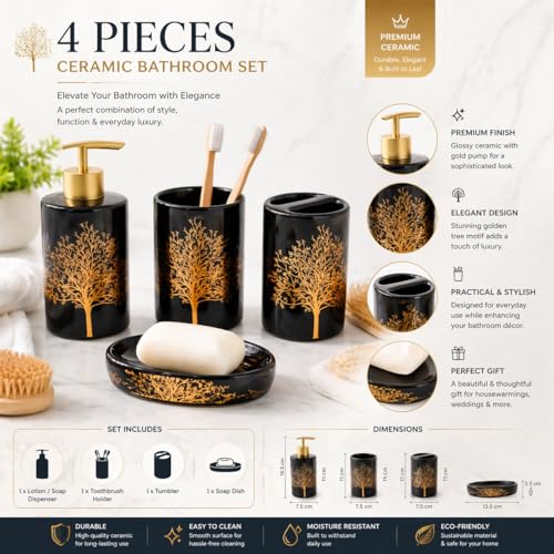 Whizzo Luxury Ceramic Bathroom Accessories Set – 4 Pcs | Black & Gold Tree Design | Soap Dispenser, Toothbrush Holder, Tumbler & Soap Dish | Elegant Bathroom Décor & Best Gifting Idea (BS-829, Black) - Image 2