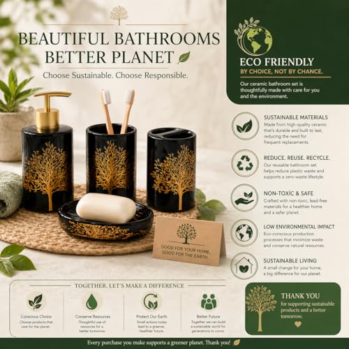 Whizzo Luxury Ceramic Bathroom Accessories Set – 4 Pcs | Black & Gold Tree Design | Soap Dispenser, Toothbrush Holder, Tumbler & Soap Dish | Elegant Bathroom Décor & Best Gifting Idea (BS-829, Black) - Image 4