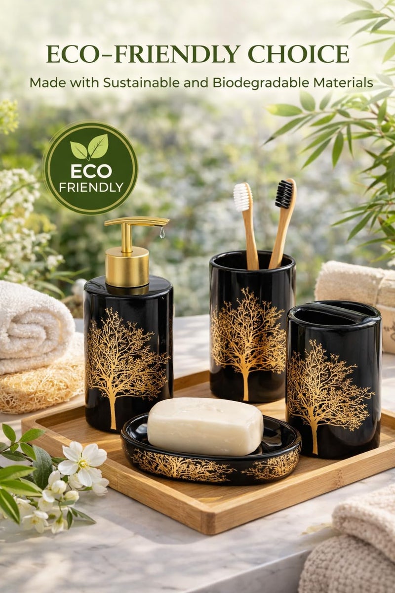 Whizzo Luxury Ceramic Bathroom Accessories Set – 4 Pcs | Black & Gold Tree Design | Soap Dispenser, Toothbrush Holder, Tumbler & Soap Dish | Elegant Bathroom Décor & Best Gifting Idea (BS-829, Black) - Image 5