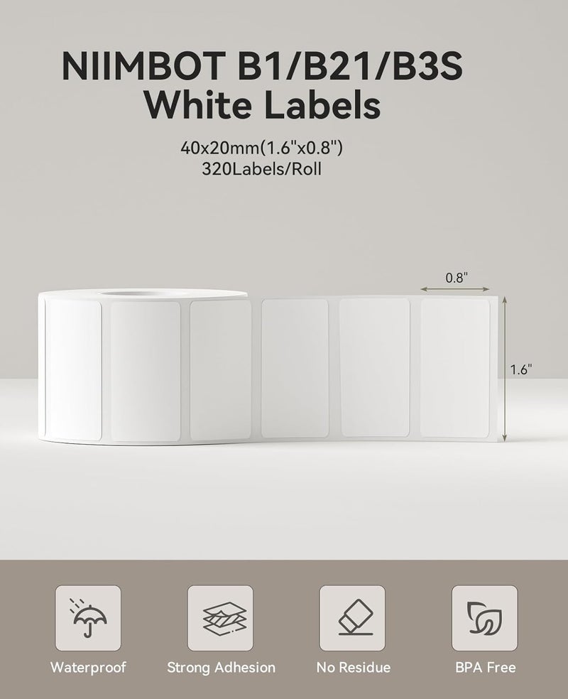 NIIMBOT Label Paper for B1/B21/B3S - 1.6'' x 0.8'' (40x20mm) - 320 Labels/Roll - White Thermal Label Paper - Image 2