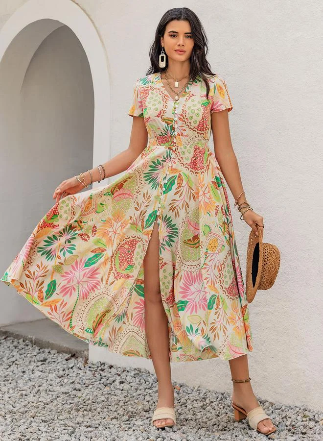Take Two  Floral Print0ed V-Neck Short Sleeve Dress for Women | Best Price UAE