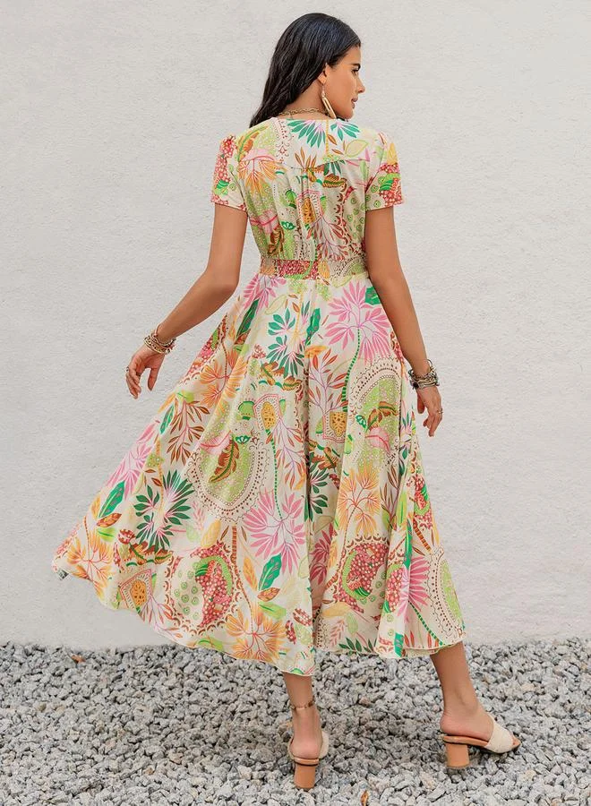 Take Two  Floral Print0ed V-Neck Short Sleeve Dress for Women | Best Price UAE