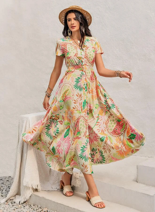 Floral Print0ed V-Neck Short Sleeve Dress