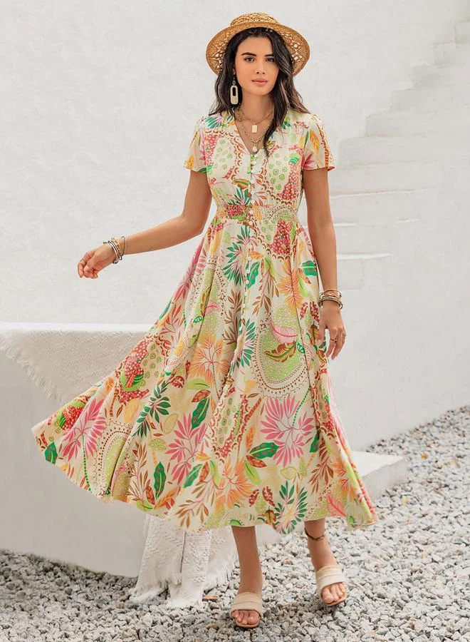 Take Two  Floral Print0ed V-Neck Short Sleeve Dress for Women | Best Price UAE