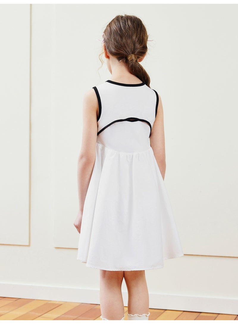 mini bala Girls Chic Sleeveless Dress, Soft Breathable Cotton Fabric, Contrast Trim, Bow Embroidery, Back Cutout Detail, Flared Skirt, Ideal for Daily Wear, School Events and Special Occasions Children's Dress - Image 3