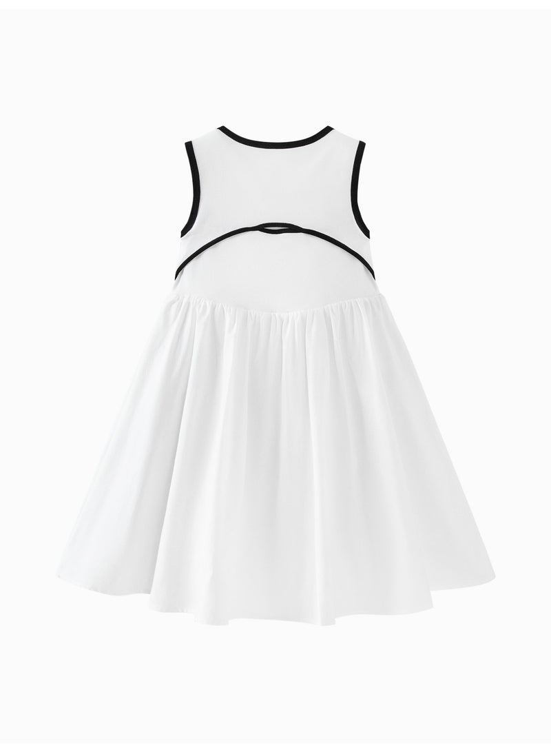 mini bala Girls Chic Sleeveless Dress, Soft Breathable Cotton Fabric, Contrast Trim, Bow Embroidery, Back Cutout Detail, Flared Skirt, Ideal for Daily Wear, School Events and Special Occasions Children's Dress - Image 5