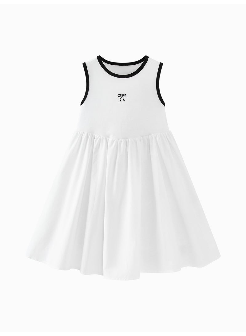 mini bala Girls Chic Sleeveless Dress, Soft Breathable Cotton Fabric, Contrast Trim, Bow Embroidery, Back Cutout Detail, Flared Skirt, Ideal for Daily Wear, School Events and Special Occasions Children's Dress - Image 4