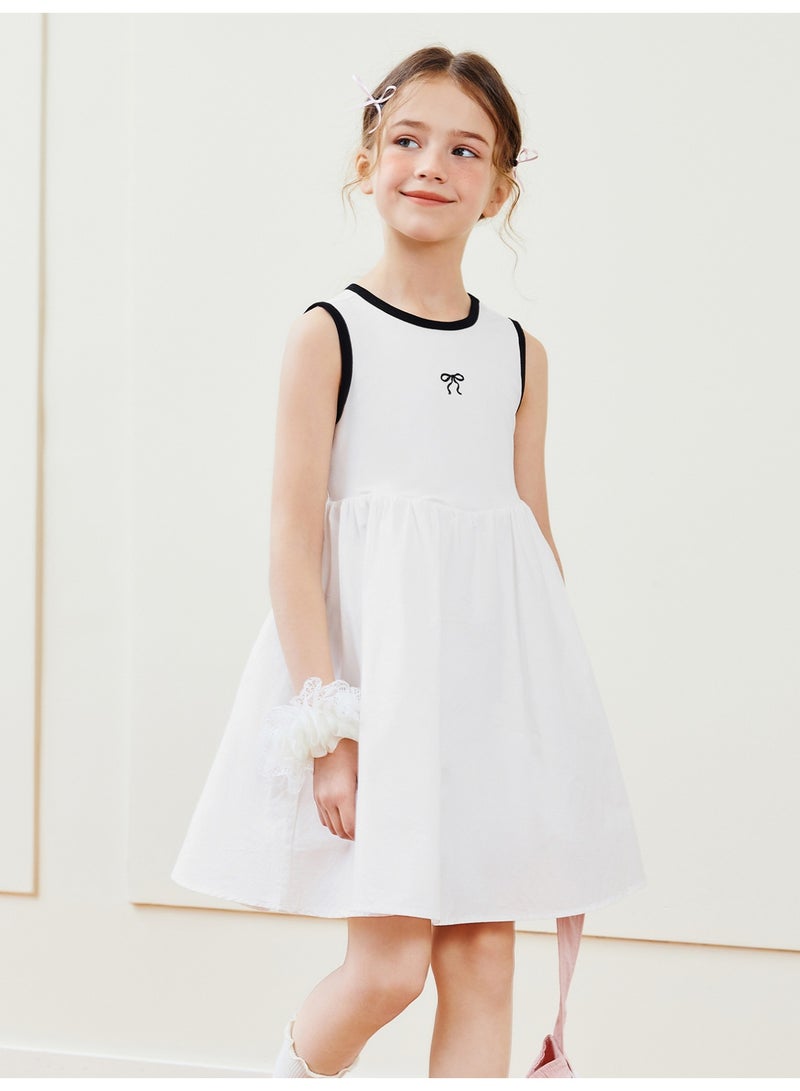 mini bala Girls Chic Sleeveless Dress, Soft Breathable Cotton Fabric, Contrast Trim, Bow Embroidery, Back Cutout Detail, Flared Skirt, Ideal for Daily Wear, School Events and Special Occasions Children's Dress - Image 1